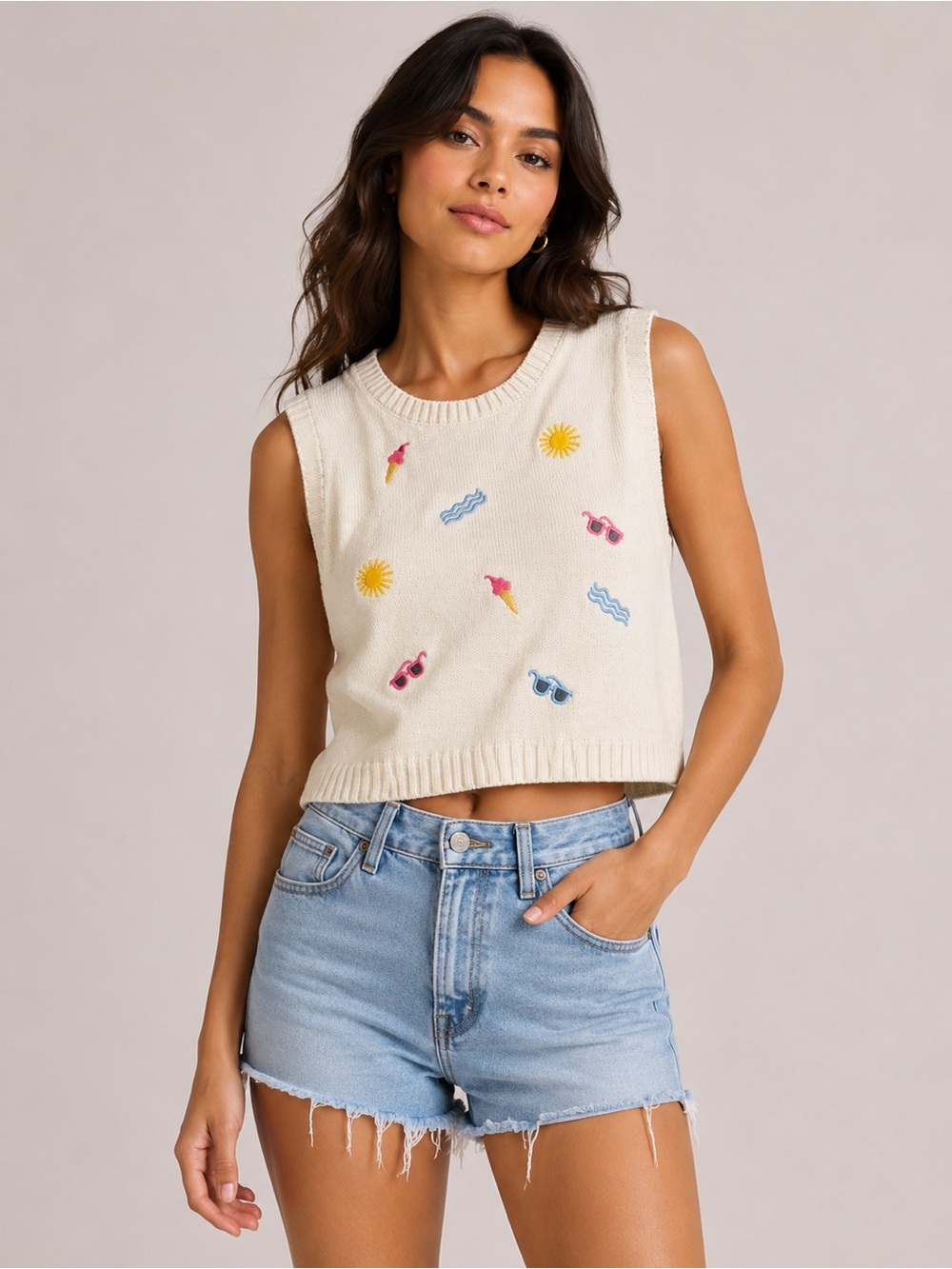 Bouffants & Broken Hearts Embroidered‎ Cream Sleeveless Crop Knit Top